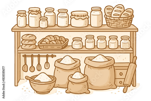 Organized Bakery Stockroom. Delightful doodle of a cozy bakery stockroom where flour sacks, jars, and utensils celebrate perfect