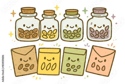 Colorful Seed Jars. Whimsical doodle of cute seed jars and envelopes organizing themselves by color and type with friendly labels