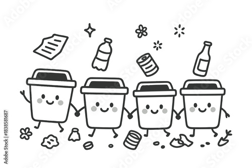 Happy Recycling Bins. Cute doodle illustration of a home recycling sorting guide with smiling bins for paper, plastic, metal, and