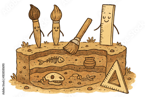 Charming Archeological Doodles. Charming doodle art of cozy dig site with joyful brushes and rulers carefully sketching layers