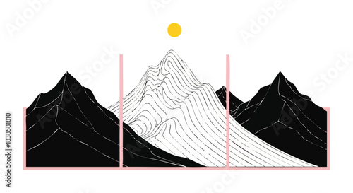 A striking minimalist illustration portrays a serene mountain range featuring solid black peaks flanking a central, intricately line-drawn summit under a golden sun.