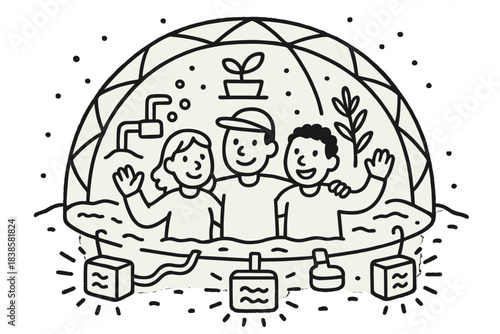 Martian Dome Crew. Doodle-style vector illustration of happy crew inside Martian dome surrounded by glowing systems keeping