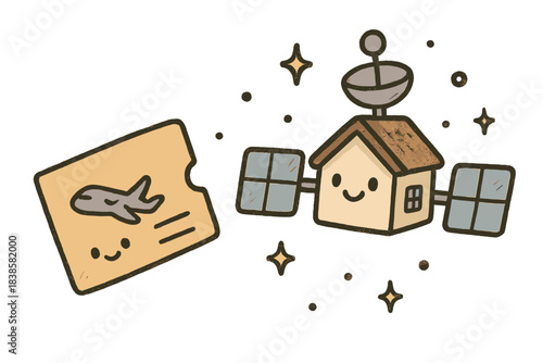 Space Nomad Adventure. Cute doodle travel ticket floating in space beside a smiling satellite-house, playful and inspiring digital