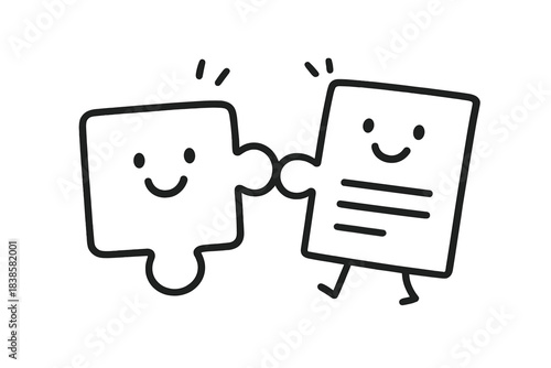 Joyful Teamwork Connection. Playful doodle puzzle piece connecting perfectly to a small contract sheet, both with smiling faces