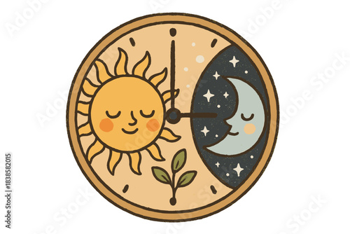 Celestial Harmony Clock. Cute doodle celestial clock blending daylight and starlight with peaceful expressions, balance of time