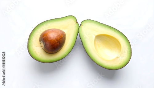 Two halves of a ripe avocado on a white surface