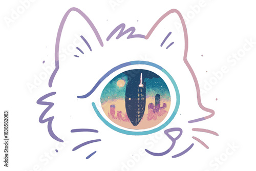Glowing Cat Mystery. Cute doodle glowing cat eye reflecting a city skyline in soft neon tones, mystery with warmth and intrigue,