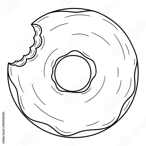 Delicious donut with a bite taken out black and white illustration