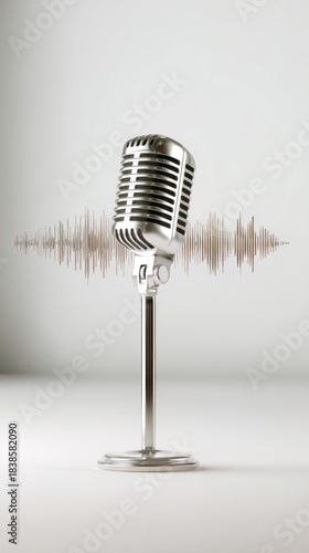 Vintage Chrome Microphone with Audio Waveform on Minimalist Background.