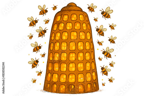 Glowing Skyscraper Hive. Sweet doodle skyscraper hive buzzing with life, each window glowing like honey cells, No text, No labels,