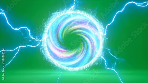 Mystical energy portal opening with bright blue light and swirling colorful vortex on green screen for chromakey.
