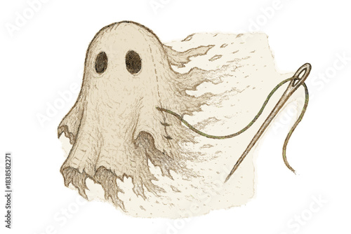 Mending Ghost Fashion. Cute doodle ghost made of torn fabric fading away as a needle mends it with green thread, hopeful