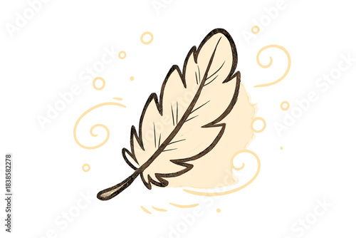 Feather in Light Bubbles. Cute doodle feather drifting in warm air currents, surrounded by tiny bubbles of light and calm, No text
