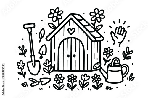 Charming Shared Garden. Cute doodle garden shed surrounded by shared tools, flowers, and a “welcome” gesture of warmth and