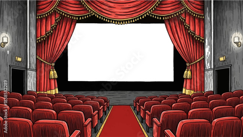 Stunning vintage theater stage awaits performance with luxurious red velvet curtains and empty audience seating ready for opening night drama