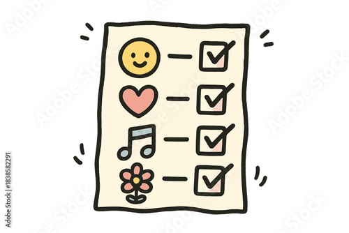 Joyful Doodle Checklist. Sweet doodle checklist bouncing with joyful icons marking completion, No text, No labels, isolated
