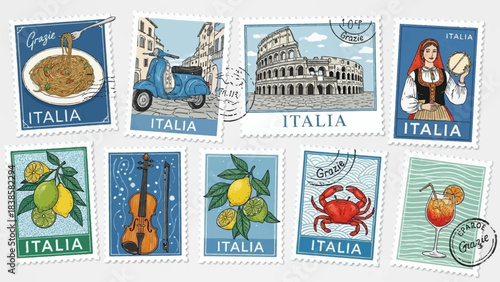 Charming collection of vintage Italian travel postage stamps illustrating iconic culture, food, and landmarks for nostalgic journey promotion