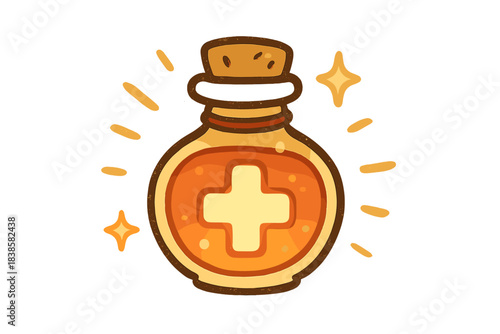 Glowing Healing Potion. Cute doodle potion vial shining with warm light and a softly pulsing cross of restoration, No text, No