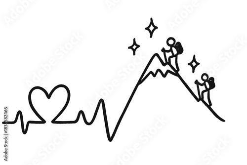 Vitality Heartline Peak. Playful doodle heart rate line forming a rising mountain peak, tiny hikers and sparkles symbolizing