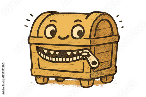 Playful Doodle Treasure Chest. Adorable doodle treasure chest with a zipper for a mouth, tiny teeth peeking out and playful mimic