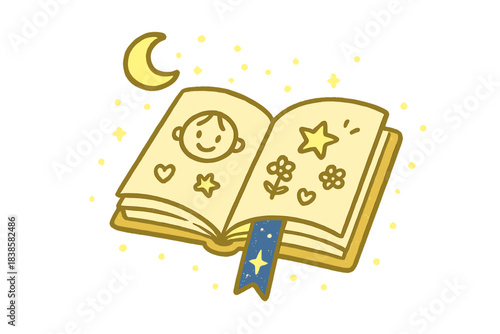 Moonlit Doodle Book. Cute doodle book glowing softly under moonlight, bookmark shining like a night sky charm, No text, No labels,