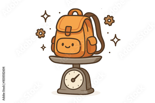 Whimsical Backpack Weigh-in. A tiny scale weighing a cheerful backpack, surrounded by doodle sparkles and floating gear icons,