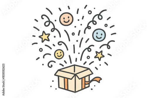 Joyful Present Surprise. A present popping open with doodle confetti and tiny smiling icons flying out, joyful and simplified