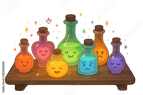 Glowing Emotion Vials. A laboratory table with multiple emotion vials glowing softly, tiny doodle stars and sparks floating around