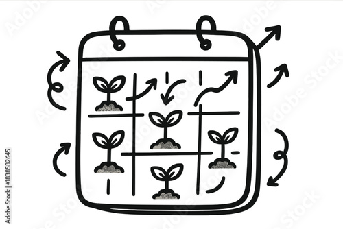 Sprouting Calendar Icons. A calendar page with tiny sprouting icons emerging from days, doodle arrows showing growth and progress,