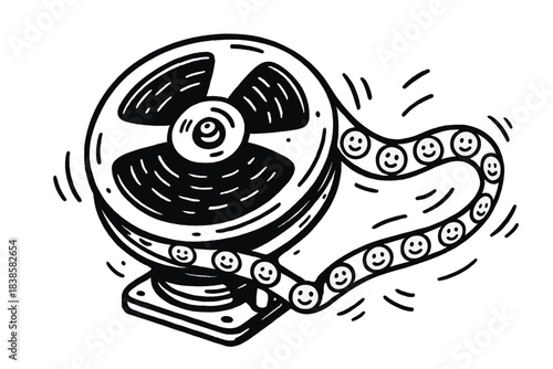 Reel-to-Reel Bliss. A reel-to-reel tape spinning with tiny happy faces on the tape loops, doodle motion lines showing data flow,