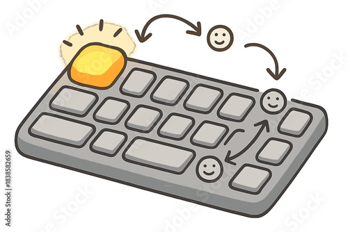Glowing Tab Key. A keyboard with a glowing “Tab” key, tiny happy doodle arrows showing navigation flow, simplified and cheerful
