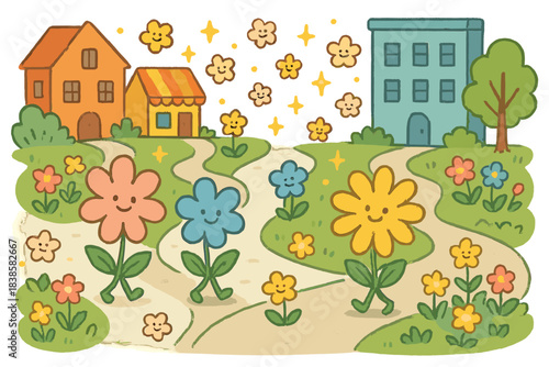 Whimsical Walking Flowers. A street scene where flowers walk along pathways, tiny smiling doodle petals and sparkles floating,