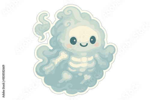 Whimsical Misty Creature. A cute, simplified creature made of swirling mist with glowing bone-like shapes inside, whimsical