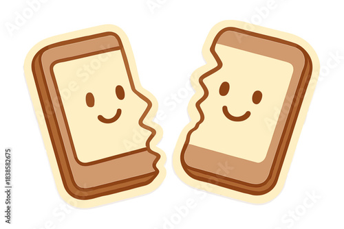 Floating Tablet Reunion. Two tablet fragments floating toward each other with friendly cartoon smiles, digitally reuniting,