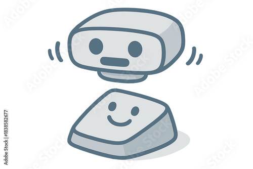 Whimsical 3D Scanner. A cute 3D scanner hovering over a smiling wedge-shaped impression, soft rounded shapes, limited pastel gray