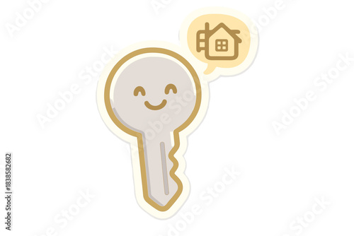 Smiling Key Harmony. A simple house key with smiling curves that visually plays a tiny floating "home" chord above it, friendly