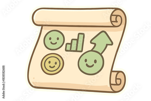 Smiling Cartoon Scroll. A cartoon scroll partially unrolled with smiling stat icons, rounded friendly shapes, soft pastel beige