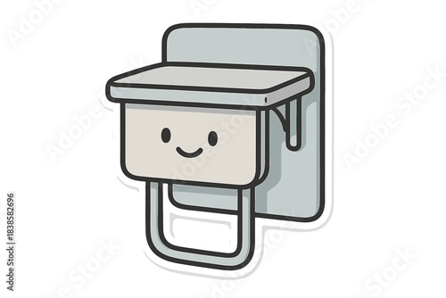 Whimsical Foldable Table. A smiling table folding flush against a wall, soft rounded forms, limited pastel gray and light blue