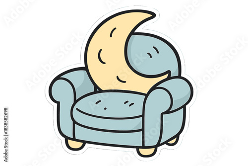 Crescent Moon Armchair. A cute armchair with a crescent moon-shaped backrest, soft rounded shapes, limited pastel blue and cream