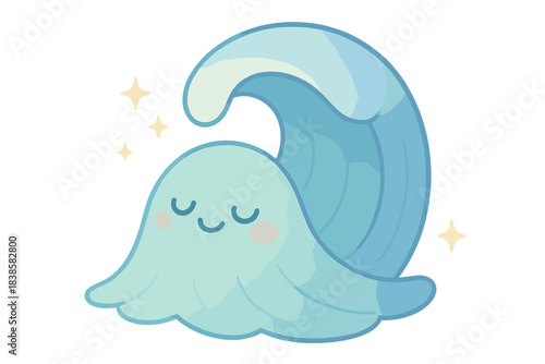 Smiling Wave Sparkle. A happy wave curling into a smiling "calm" sigh, tiny sparkles around, soft rounded friendly shapes, pastel