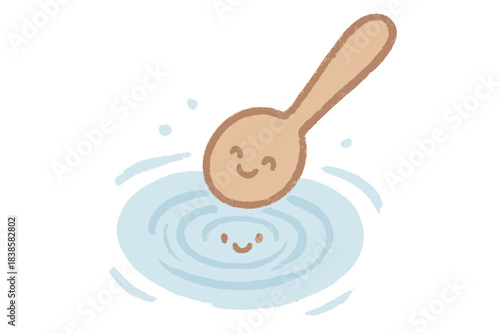 Playful Spoon Vortex. A playful spoon stirring a tiny smiling "focus" vortex, soft rounded doodle style, pastel blue and brown