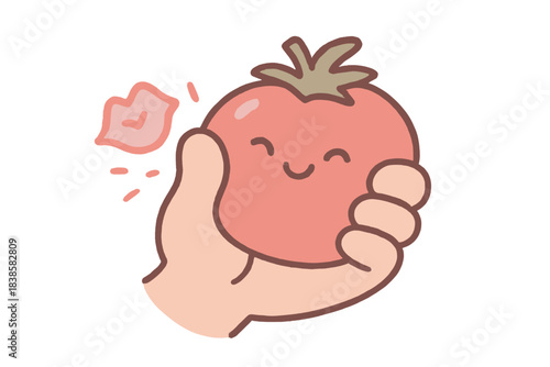 Playful Tomato Squeeze. A playful "kiss" sound represented by a hand squeezing a smiling tomato, soft rounded doodle style, pastel