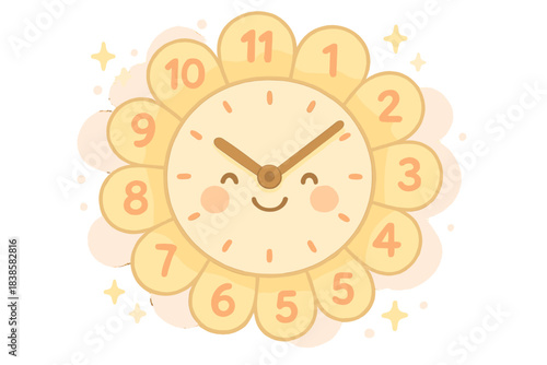 Cheerful Petal Clock. A cheerful clock whose numbers are unfolding smiling petals, tiny sparkles floating around, soft rounded