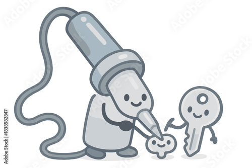 Happy Soldering Moment. A cheerful soldering iron repairing a tiny smiling key, soft rounded doodle forms, pastel silver and blue