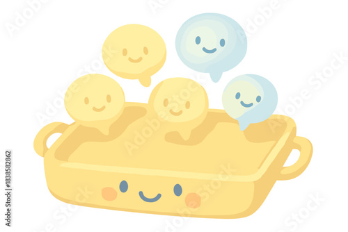 Cheerful Conversation Tray. A cheerful serving tray holding tiny smiling glowing conversation bubbles, soft rounded doodle shapes,