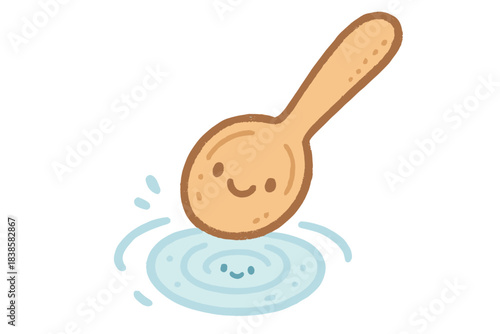 Playful Spoon Vortex. A playful spoon stirring a tiny smiling "focus" vortex, soft rounded doodle style, pastel blue and brown