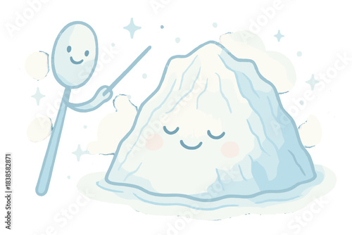 Glacier's Joyful Symphony. cheerful conductor's baton directing the slow movement of a smiling glacier, tiny sparkles floating
