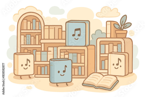 Musical Note Library. A cheerful library with tiny happy musical note books, soft rounded doodle forms, pastel beige and blue