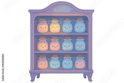 Whimsical Glowing Cabinet. A whimsical cabinet with tiny smiling jars, each holding glowing reflections, mysterious soft lights,
