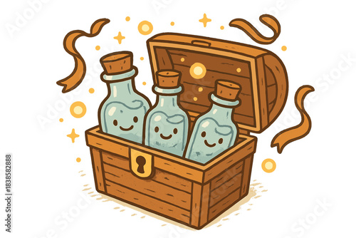 Quirky Treasure Chest. A quirky treasure chest with grinning bottles of captured echoes, floating ribbons and soft glowing lights,